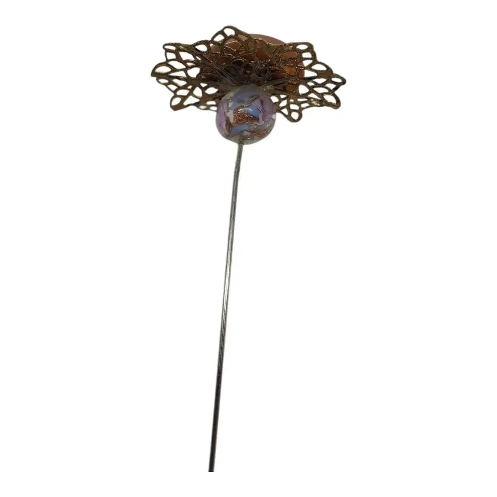 Vintage Lucite Hat Pin Brown Cabochon Filigree Art Glass Bead Long Estate Ornate